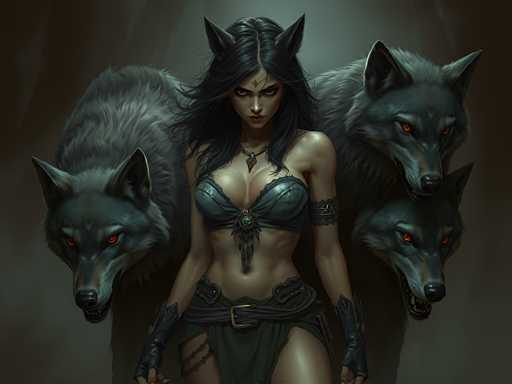 The image depicts a highly detailed, computer-generated or AI-generated fantasy character, possibly from a video game or comic book. The central figure is a woman with long, flowing black hair that extends past her shoulders. She has striking black cat ears protruding from the sides of her head, adding to her feline appearance. Her face is adorned with a red jewel on her forehead, and she has a serious, almost angry expression, with her eyes looking downward.

She is dressed in a revealing, dark green bikini top that exposes her midriff and features a central jewel. Around her waist, she wears a green skirt with a belt that has a prominent gold buckle. Her arms are adorned with leather armbands, and she wears fingerless gloves that extend up to her elbows. Additionally, she has a leather strap with a pouch on her right leg.

Flanking her on both sides are three large, menacing gray wolves with piercing red eyes. These wolves are positioned behind her, enhancing her fierce and powerful presence. The background of the image is a dark gray, which contrasts with the lighter gray tones of the wolves and the woman's attire, making her stand out prominently.