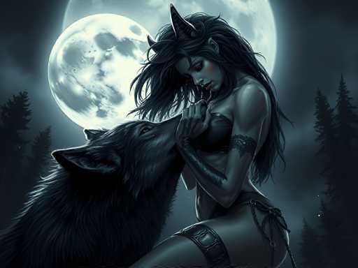 In this detailed digital artwork, a woman and a wolf are depicted in a moonlit forest setting. The woman, who has long, flowing black hair and black horns protruding from her head, is dressed in a revealing black leather outfit that includes a bra-like top, a garter belt, and a skirt. She also has black tattoos on her arms and legs. Her eyes are closed as she lovingly kisses the forehead of the wolf, which is positioned to her left. The wolf, with its black fur and pointed ears, gazes up at her adoringly. The background features a large, glowing full moon partially obscured by clouds, casting a silvery light over the scene. The sky is dark, and the silhouettes of tall pine trees frame the image on both sides, enhancing the mystical and romantic atmosphere.