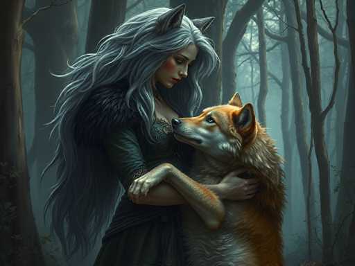 In this detailed fantasy painting, a woman with long, flowing gray hair and fox-like ears stands in a dense, dark forest. She is wearing a green dress adorned with fur on the shoulders and a fur shawl. Her face, accentuated with red blush and lipstick, is turned down towards her side, gazing at a large, anthropomorphic dog beside her. The dog, with a brown and white coat, has human-like arms and is looking up at the woman. Its fur appears slightly unkempt, adding to its wild appearance. The woman's left arm is wrapped around the dog's neck, while her right arm rests on its shoulder. The background is filled with tall, thin trees, some with branches extending into the scene, creating a mysterious and enchanting atmosphere. The overall color palette of the painting is dominated by shades of gray, green, and brown, enhancing the fantastical and serene mood of the image.