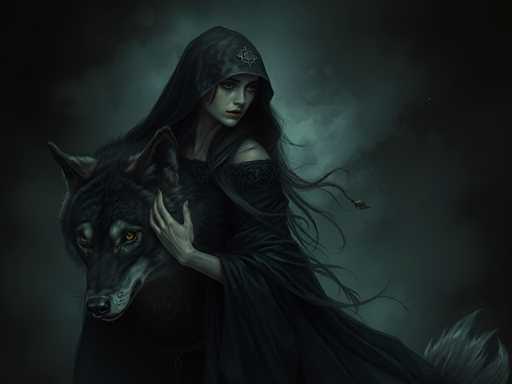 The image depicts a dark, gothic scene featuring a woman and a wolf. The woman, who has pale skin and long, flowing black hair, is dressed in a black dress with a hood that has a silver emblem on the front. Her dress is off-the-shoulder, revealing her bare left shoulder. She is holding the head of a black wolf with striking yellow eyes and a black nose, which is looking down to the left. The woman's right hand is gently placed on the wolf's head, and she has blue nail polish. The background is a mix of dark gray and black, with lighter gray clouds adding to the eerie atmosphere. The overall color palette is dominated by shades of black, gray, and white, with the woman's pale skin and the wolf's yellow eyes providing stark contrasts. The image has a detailed, almost realistic quality, suggesting it might be a painting or a highly detailed digital artwork.