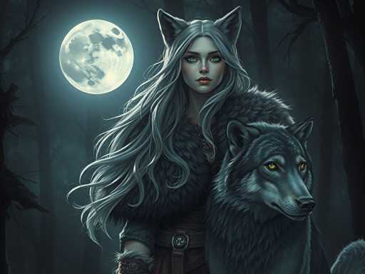 The image depicts a woman with long blonde hair and a fur coat standing next to a wolf in the woods under a full moon. The wolf is positioned on the right side of the frame, while the woman stands slightly behind it.