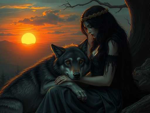 In this detailed fantasy illustration, a woman with long, dark hair adorned with a gold crown sits on a rocky outcrop beside a large tree. She is dressed in a flowing, dark green dress with a deep neckline, and her pale skin contrasts with the vibrant sunset behind her. The setting sun casts a warm glow over the scene, illuminating the clouds and creating a serene atmosphere. The woman gazes down at a majestic wolf, which rests its head on her lap. The wolf, with its striking orange eyes and a mix of black, gray, and white fur, looks back at her. The background features a silhouette of mountains and a few trees, enhancing the mystical and tranquil mood of the image.