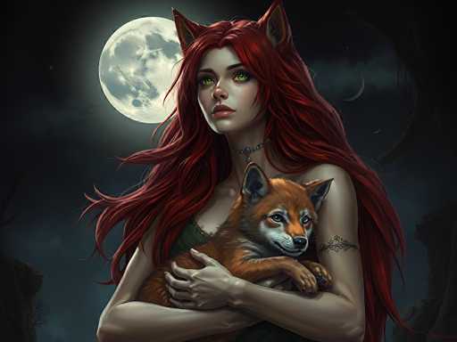 This detailed digital artwork depicts a young woman with long, flowing red hair and striking green eyes, adorned with cat-like ears. She is dressed in a green tank top and wears a choker necklace with a pendant. Her arms are wrapped around a small fox, which has a brown coat with white markings around its mouth and nose. The fox's ears are perked up, and it looks towards the bottom right corner of the image. The woman has a tattoo on her left arm, which is visible as she holds the fox. The background features a dark, cloudy night sky with a large, glowing full moon on the left side and a smaller crescent moon on the right. The scene is set against a backdrop of rocky cliffs, enhancing the mystical and enchanting atmosphere of the artwork.
