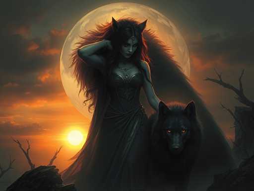The image depicts a striking, computer-generated scene of a woman with long, flowing red hair and pointed ears, resembling a wolf or werewolf. She is adorned in a dark, strapless dress with a cape that extends into a long, flowing tail. Her right hand is raised to her head, while her left hand rests on the back of a black wolf with glowing orange eyes. The woman's face is pale, and she wears a silver necklace with a pendant. The background features a large, glowing full moon partially obscured by clouds, with the sun setting to the left, casting an orange hue across the sky. The scene is set against a backdrop of rocky terrain and bare tree branches, enhancing the mystical and eerie atmosphere.