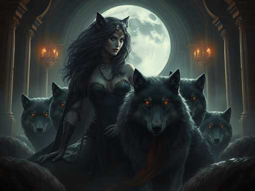 The image depicts a woman with long dark hair and a black dress standing on the left side of three large, dark-colored wolves that appear to be guarding her. The background is shrouded in darkness, creating an atmosphere of mystery and intrigue.