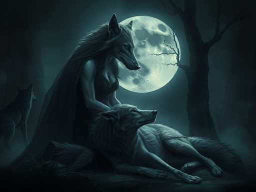 In this detailed and atmospheric nighttime scene, a central female figure with the head of a wolf sits on a rock, her gaze fixed on a large, full moon that dominates the background. She is dressed in a black dress and a cape, with her right hand resting gently on the head of a large male wolf lying beside her. The male wolf, also gazing up at the moon, has a chain around his neck. The moon itself is intricately detailed, featuring a face with eyes, a nose, and a mouth, and it casts a soft glow over the entire scene. To the left of the central figures, another wolf stands, looking towards the moon, while to the right, a barren tree with a few branches adds to the eerie ambiance. The overall color palette of the image is dark, with shades of black, gray, and a bluish-green hue, enhancing the mysterious and haunting mood of the scene.
