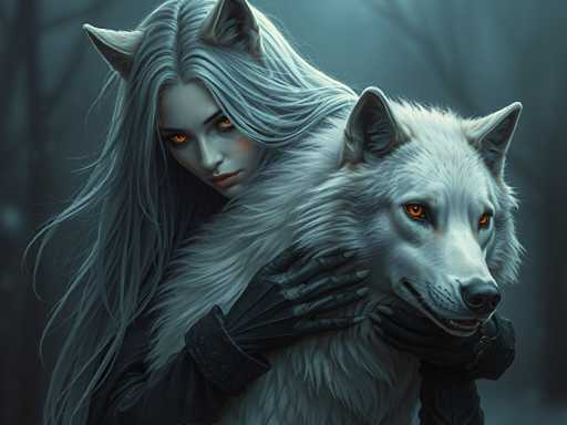 The image depicts a woman with long blonde hair and red eyes standing next to a white wolf. The wolf is wearing black gloves on its paws.