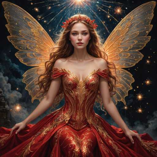 This image is a detailed digital illustration of a fairy-like woman with long, wavy, reddish-brown hair cascading down to her waist. She is adorned with a red and orange floral crown that sits atop her head. The fairy is dressed in a striking red gown with intricate gold embroidery and a deep neckline, which reveals her bare arms and shoulders. Her gown features a fitted bodice that flares out into a voluminous skirt, which she holds with both hands, revealing her legs. She has large, translucent golden wings that extend from her back, adding to her ethereal appearance.

The fairy's face is serene, with pink lips and a slight smile, and she gazes directly at the viewer. The background is a dark, starry night sky filled with clouds and fireworks, creating a magical atmosphere. The overall composition is square, with the fairy positioned centrally, her wings spread wide, and her dress flowing around her. The image is rich in colors, including red, gold, blue, orange, and black, enhancing the enchanting and otherworldly feel of the scene.