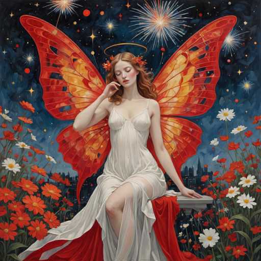 The image depicts a detailed painting of a fairy-like woman with striking features. She has long, wavy brown hair adorned with a crown of red flowers and a golden halo above her head. Her eyes are closed, and her lips are painted a vivid red, complementing her fair complexion. She is dressed in a sheer, white nightgown that reveals her legs, and she has large, vibrant butterfly wings in shades of red and orange extending from her back. The fairy is seated on a stone bench draped with a red cloth, surrounded by a lush garden filled with red and white flowers. The background features a dark blue sky with stars and fireworks, and a distant city skyline with tall buildings. The overall scene is rich in color and detail, creating a magical and ethereal atmosphere.