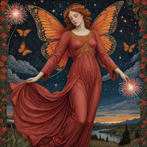 This detailed painting depicts a young woman with long, curly red hair adorned with a crown of flowers. She is dressed in a flowing, dark red gown with intricate gold trim around the neckline and waist, and she wears a pair of striking orange butterfly wings with black and white speckled edges. The woman stands with her eyes closed, head tilted slightly to the right, and her head is crowned with a golden halo. She holds the hem of her dress with both hands, revealing her bare legs. In each of her outstretched hands, she holds a glowing firework, adding a magical touch to the scene.

The background is a mesmerizing night sky filled with stars, painted in shades of dark blue and black. Surrounding her are three orange butterflies, two positioned to her left and one to her right. The scene is framed by a border of green vines adorned with red flowers, which adds a touch of natural beauty to the composition. Below her, the landscape features a serene river flowing through a valley, bordered by grassy fields and distant mountains. The overall atmosphere is one of enchantment and tranquility, capturing a moment of ethereal beauty.