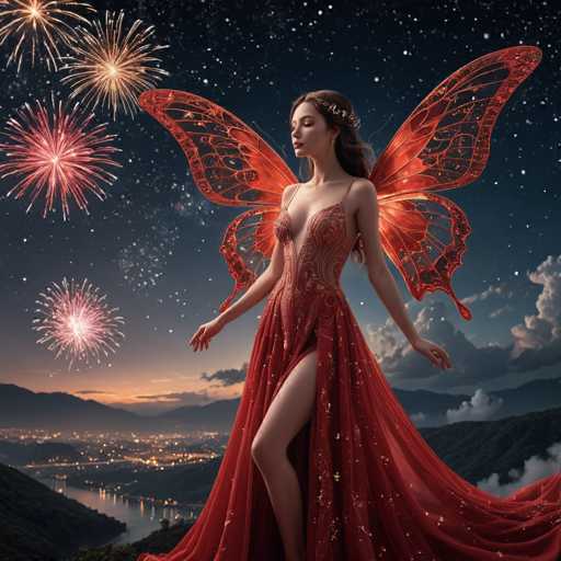 The image depicts a highly detailed, computer-generated scene of a fairy-like woman standing on a mountaintop at night. She is adorned in a flowing, red dress with intricate gold patterns and a deep V-neckline that reveals her cleavage. The dress is form-fitting, with thin straps over her shoulders and a long, flowing skirt that drapes elegantly around her. Her long, dark brown hair cascades down her back, and she wears a delicate crown or headband. 

Her most striking feature is the pair of large, red butterfly wings with black veins and intricate designs, extending from her back. She stands with her arms outstretched, gazing down at a city below, which is illuminated by countless lights. The background showcases a dark blue night sky filled with stars, and a vibrant display of fireworks in shades of red, orange, and yellow burst above her. The scene is framed by distant mountains and clouds, adding to the ethereal and magical atmosphere of the image.