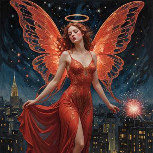 The image depicts a striking, computer-generated scene of a woman with butterfly wings and a halo, standing atop a skyscraper in a nighttime cityscape. She is adorned in a flowing red dress with a high slit, revealing her leg. Her long, wavy red hair cascades down as she gazes downward with her eyes closed, her head slightly tilted to the left. The woman's butterfly wings are large and orange, with intricate patterns that resemble those of a monarch butterfly. A golden halo hovers above her head, adding to her ethereal appearance. In her left hand, she holds a glowing firework, while her right hand grasps the edge of her dress. The background features a dark blue night sky filled with stars, and the city below is illuminated by countless lights from the buildings. A particularly tall skyscraper with a pointed top stands out on the left side of the image. The overall composition creates a magical and enchanting atmosphere, blending elements of fantasy with urban beauty.