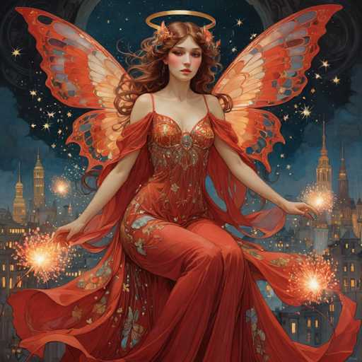 The image depicts a detailed, computer-generated fantasy scene featuring a fairy-like woman with long, wavy brown hair adorned with flowers. She is seated gracefully on a ledge, her legs crossed, and her arms outstretched, each hand holding a glowing firework. The fairy is dressed in a flowing red gown with intricate butterfly and flower patterns, complemented by a cape that drapes elegantly around her. Her butterfly wings are a striking combination of orange, white, and blue, adding to her ethereal appearance. A golden halo hovers above her head, enhancing her celestial aura. The background showcases a nighttime cityscape with illuminated buildings and a sky filled with stars, creating a magical and enchanting atmosphere.