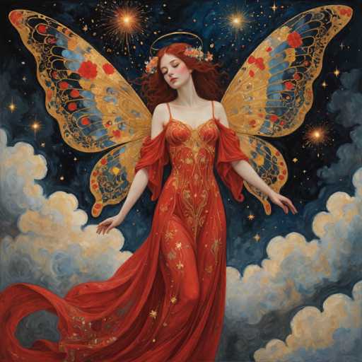 The image depicts a detailed painting of a fairy-like woman with striking red hair and a serene expression. She is adorned in a flowing red dress embellished with gold floral patterns, and a sheer red cape that drapes elegantly around her. Her butterfly wings are a stunning combination of gold, blue, and red, with intricate designs and floral motifs. A delicate golden halo sits atop her head, complementing her floral crown. The background features a dark blue night sky filled with stars and fireworks, with white clouds at the bottom. The fairy's eyes are closed, and her arms are outstretched, giving the impression that she is floating peacefully in the celestial expanse.