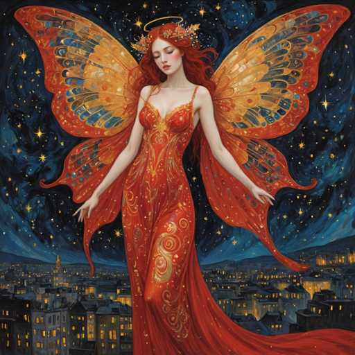 The image depicts a stunning fantasy painting of a woman with vibrant red hair, adorned with a floral crown. She is dressed in a flowing, low-cut red gown embellished with intricate gold swirls and swirls. Her butterfly wings, which are a striking combination of red, orange, blue, and black, extend gracefully from her back. The woman stands with her eyes closed, her head slightly tilted to the left, and her arms outstretched to her sides, as if she is floating or flying. Above her head, a delicate golden halo adds to her ethereal appearance. The background features a dark, starry night sky with swirling blue and black hues, and a cityscape below, illuminated by the warm glow of yellow lights from numerous buildings. The overall scene exudes a magical and serene atmosphere, capturing the essence of a fairy or butterfly-like creature in a dreamy, nocturnal setting.