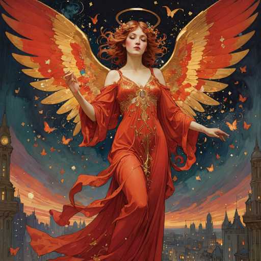 The image depicts a highly detailed, computer-generated painting of a young woman with striking red hair, adorned with flowers and a golden halo. She is dressed in a flowing, orange-red gown embellished with intricate gold designs and sheer fabric that billows around her legs. Her large, majestic wings, which are orange with yellow tips, extend from her back, adding to her ethereal appearance. The woman stands with her eyes closed, her head slightly tilted downward, and her arms outstretched to her sides. Surrounding her are numerous orange butterflies, seemingly emerging from her gown. The background features a city skyline with tall buildings and clock towers, set against a sky that transitions from dark blue at the top to shades of orange and pink near the horizon, suggesting a sunset. The overall scene is vibrant and magical, with a sense of movement and enchantment.