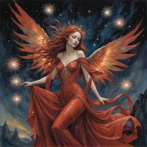 The image depicts a striking, fantasy-style painting of a young woman with long, flowing red hair that cascades down to her waist. She is adorned in a form-fitting, red dress that extends into a flowing cape at the back. Her dress features a gold emblem on the chest, and the fabric appears to shimmer with starlight. The woman has a delicate, pale complexion and is wearing red lipstick. She has two sets of wings: one set is large and majestic, with feathers that transition from red to orange and yellow, while the other set is smaller and positioned closer to her body. Her eyes are closed, and she gazes downward, exuding a serene and otherworldly aura.

The background is a dark, starry night sky filled with vibrant fireworks in shades of orange, yellow, and white. The sky is dotted with numerous stars, creating a magical atmosphere. Below the woman, the landscape features rocky terrain and distant castles, adding to the fantastical setting. The overall scene evokes a sense of enchantment and mystery, reminiscent of a fairy tale or a fantasy realm.