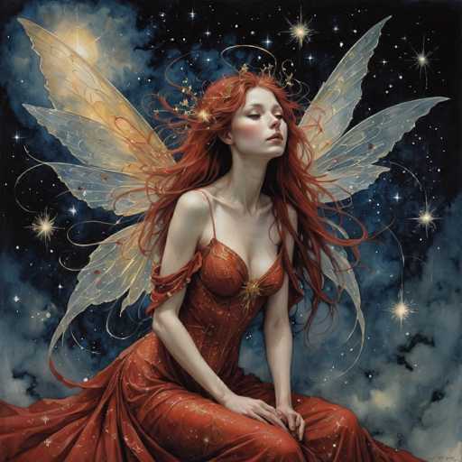 This detailed digital illustration depicts a fairy-like woman with long, flowing red hair that cascades down to her waist. She is adorned in a striking red dress that features intricate gold accents, including a prominent gold clasp at the center of her chest. The dress has a low neckline and thin straps, with one strap elegantly draped over her left arm. Her skin is very pale, and she wears pink blush on her cheeks, complementing her closed eyes and slightly open mouth. A delicate golden halo encircles her head, adding to her ethereal appearance.

The fairy has six translucent wings, three on each side, that shimmer with a golden hue. She is seated on a cloud, her hands resting gently on her knees, and her head is tilted slightly upwards. The background is a mesmerizing night sky filled with a multitude of stars, some shining brighter than others, and wisps of clouds that add depth to the scene. The overall composition exudes a sense of tranquility and magic, capturing the essence of a celestial being in a serene moment.