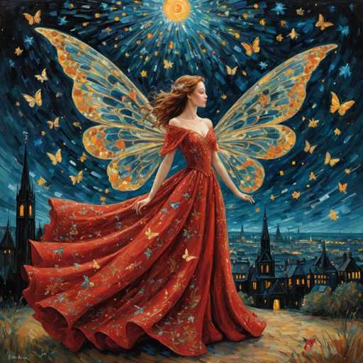 This detailed painting depicts a young woman with long, flowing red hair adorned with a silver headband. She is dressed in an elegant, flowing red gown that features intricate blue and yellow butterfly patterns. The gown's wide sleeves are draped over her shoulders, and the dress itself is adorned with blue and yellow butterflies, extending to the ground. Her large, delicate butterfly wings, which are blue with orange and yellow accents, spread out behind her, adding to her ethereal appearance.

The woman stands on a hill overlooking a cityscape filled with tall, dark buildings that have illuminated windows, suggesting a nighttime setting. The sky above her is a deep blue, dotted with yellow stars and numerous butterflies, creating a magical atmosphere. To her left, a church steeple with a cross on top is visible, while to her right, a small dog stands in the grassy area. The entire scene is bathed in a soft, dreamlike quality, with the woman gazing off to the right, her expression serene and contemplative.