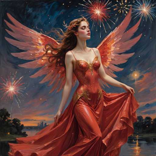 The image depicts a striking painting of a woman with long, flowing brown hair adorned with a red flower. She is dressed in a vibrant red dress with thin straps and a long, flowing skirt that she holds up with both hands. Her dress features intricate gold accents, particularly around the chest area. The woman has large, majestic wings that are a blend of pink, orange, and red hues, with the tips glowing brightly. She stands on a grassy area beside a body of water, gazing upwards with her eyes closed, seemingly lost in thought. The background showcases a city skyline with tall buildings, illuminated by the warm glow of the setting sun. The sky is a mesmerizing mix of blue, orange, and pink, dotted with numerous stars and fireworks in shades of red, yellow, and blue. The overall scene is serene and enchanting, capturing a moment of ethereal beauty.