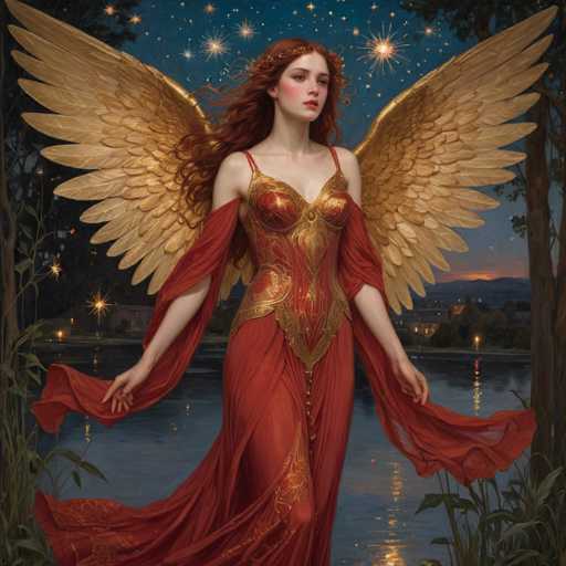 The image depicts a young woman with long, wavy red hair cascading down her back, adorned with a headband of red flowers. She is dressed in a striking red gown with intricate gold accents, featuring a bustier-like top and a flowing skirt. The gown is complemented by sheer red sleeves that drape elegantly over her arms. She stands with her arms outstretched, holding the ends of her dress, which billows gracefully around her. Large, golden wings extend from her back, adding a mythical aura to her appearance. Her face is marked by a serene expression, with red lips and a touch of blush on her cheeks. The background reveals a nighttime scene with a starry sky, a body of water, and a distant cityscape. The overall composition suggests a blend of fantasy and elegance, reminiscent of a character from a fairy tale or a modern-day angel.