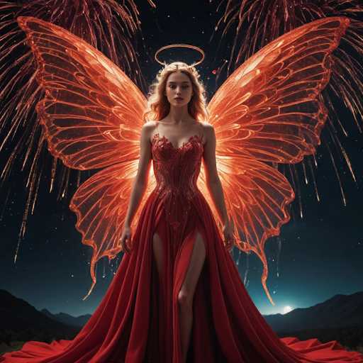 In this captivating image, a woman stands gracefully in the center, adorned in a striking red dress. The dress features a daring slit that extends up to her thigh, revealing her leg. Her long, flowing hair cascades down, complementing the ethereal atmosphere. A radiant halo hovers above her head, adding a mystical touch to her appearance. 

Behind her, a pair of large, butterfly-like wings spread wide, their delicate structure highlighted by a soft, glowing light. The background is a mesmerizing night sky, painted in deep shades of blue and black, dotted with twinkling stars. The silhouettes of mountains frame the scene, adding depth and a sense of grandeur. 

To the right, a bright, white moon peeks out from behind the mountains, casting a gentle glow over the landscape. The woman's dress is intricately designed, with a corset-like top that accentuates her figure. The fabric flows elegantly around her, creating a harmonious blend of grace and power. The overall composition is a stunning blend of natural beauty and ethereal artistry, capturing a moment of serene magnificence.