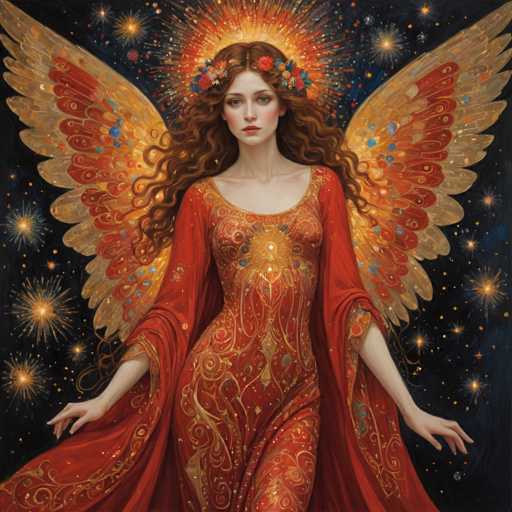The image depicts a woman with long red hair and gold wings standing against a dark background adorned with stars. She is wearing an ornate red dress that features intricate gold designs on the bodice and skirt. The woman's face is partially obscured by her flowing red hair, adding to the ethereal quality of the scene.