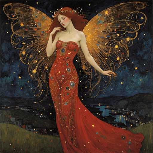 This painting depicts a fairy-like woman with long, flowing red hair and a delicate, ethereal appearance. She is adorned in a strapless, form-fitting red dress that extends to the ground, featuring intricate gold swirls and blue circles with yellow centers. Her dress is embellished with golden stars and swirls, adding to the magical aura. She has large, translucent wings with golden and blue hues, decorated with numerous stars and swirls. The fairy's skin is very pale, and she has pink cheeks and red lips, with her eyes closed in a serene expression. Her right hand is raised to her chin, while her left arm is extended outward. She stands on a grassy hill, gazing down at a small town nestled in a valley below. The background is a dark, starry night sky with shades of blue and black, dotted with stars, creating a mystical atmosphere.