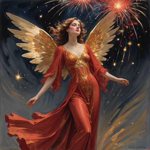 This detailed painting depicts a graceful fairy with large, golden wings that have a subtle yellowish hue. She is adorned in a flowing, red dress with intricate gold designs, including a prominent gold emblem on her chest. The fairy's long, wavy brown hair cascades down her back, and her eyes are closed, giving her a serene expression. Her arms are outstretched to her sides, and her dress billows out behind her, adding to the sense of movement. The background is a dark blue night sky, filled with vibrant fireworks in shades of red, blue, and yellow, along with numerous stars. The fairy's face is highlighted with pink blush on her cheeks, and her lips are painted a soft pink. The overall scene exudes a magical and enchanting atmosphere, with the fairy appearing to float gracefully amidst the celebratory fireworks.