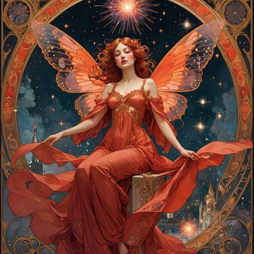 This image portrays a detailed painting of a fairy-like woman with striking red hair and vibrant red wings. She is seated gracefully on a small, grayish box adorned with gold designs. The fairy is dressed in a flowing red gown that features intricate gold accents, including a gold belt and shoulder straps. The dress has a sheer, flowing cape that extends from her arms, adding to her ethereal appearance. Her wings are a mesmerizing blend of orange and purple hues, with delicate purple dots scattered across them.

The fairy's face is delicately painted with red lipstick, pink blush, and a touch of green eyeshadow, complementing her closed eyes. Above her head, a radiant firework explosion in shades of orange and white illuminates the scene, casting a magical glow. The background is a deep, dark blue sky filled with twinkling stars and additional firework bursts, creating a dreamy atmosphere.

Surrounding the fairy is an ornate, gold circular frame with intricate designs, enhancing the overall elegance of the composition. The fairy's hands rest gently on the flowing cape of her dress, adding a sense of serene poise to her enchanting presence.