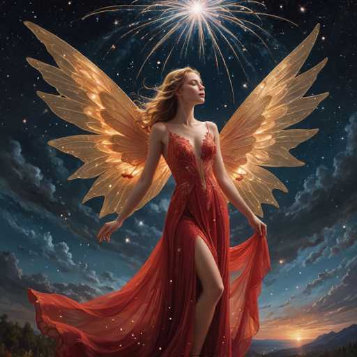 The image depicts a computer-generated, fantasy scene featuring a young woman with long, flowing blonde hair, dressed in a striking red dress with thin straps and a high slit on the right side. The dress, which has a deep V-neckline adorned with gold accents, is made of sheer fabric that billows gracefully in the wind. She has large, golden wings with intricate feather details that glow and sparkle, adding to her ethereal appearance. The woman stands with her eyes closed, her head tilted slightly upward, exuding a sense of serenity and otherworldliness. Surrounding her is a mesmerizing night sky filled with stars, clouds, and a radiant firework explosion directly above her head. The scene is set against a backdrop of distant mountains and trees, with the sun setting on the right, casting a warm glow over the entire composition.
