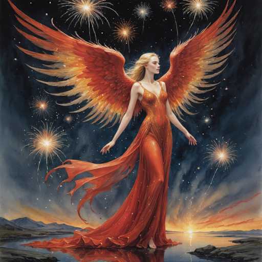 A woman with long blonde hair and an orange dress stands on a rocky shoreline at sunset, her arms outstretched as she gazes towards the horizon where fireworks explode against the dark sky.