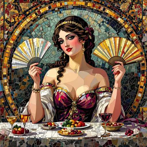This image is a detailed digital artwork resembling a stained glass mosaic, featuring a woman seated at a table adorned with various foods and drinks. The woman, who has long, curly brown hair cascading over her shoulders, is dressed in a purple gown with white sleeves and a gold trim. She wears a gold headband and red lipstick, with her hands elegantly holding two fans—one yellow and one brown. Her elbows rest on the table, which is covered with a white tablecloth and displays an assortment of fruits, including strawberries, cherries, and grapes, as well as a bowl of fruit and three glasses of wine in yellow, red, and purple hues. The background is a vibrant mosaic of colors, including shades of yellow, orange, red, blue, green, and black, enhancing the stained glass effect of the entire composition.
