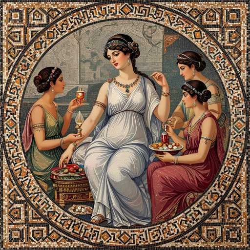 The image depicts a group of women gathered around a table with food and wine. The centerpiece is a woman seated on a chair, holding a plate of food. The other two women stand behind her, one holding a wine glass. The background features a circular pattern in shades of brown and gold, adding depth to the scene.