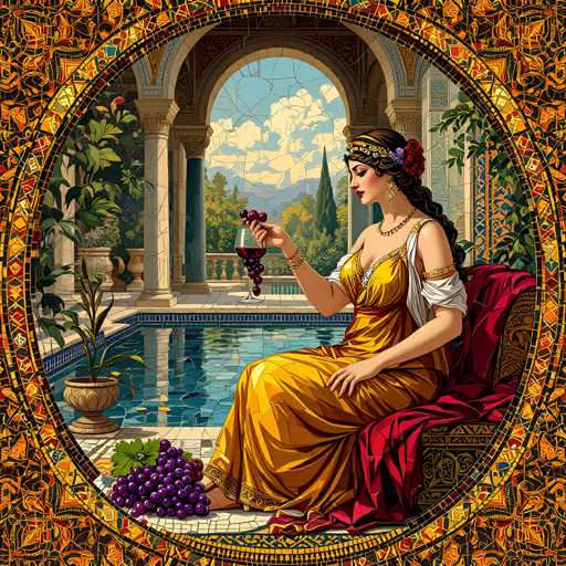 This image depicts a detailed painting of a woman in a yellow dress, seated on a red chair. She is holding a bunch of grapes in her right hand, with a wine glass filled with purple wine in front of her. The woman is adorned with a headband, a necklace, and earrings. Her dress features a white sleeve that extends from her elbow to her shoulder. 

In the foreground, there is a pile of purple grapes on the floor. The background reveals a serene setting with a blue pool, surrounded by white columns and a white fence. Beyond the fence, lush green trees and a blue sky with white clouds are visible. The entire scene is framed by a circular border with a mosaic pattern in shades of yellow, red, and black.