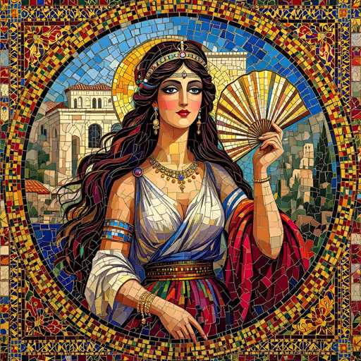 This image depicts a detailed, stained glass-style painting of a woman, possibly a queen or princess, set against a vibrant background. The woman, with long, wavy black hair adorned with a crown or tiara, is dressed in a white gown with a blue sash and a colorful skirt. She wears a necklace with a blue jewel and a bracelet on her right arm, and she holds a fan in her left hand. Her expression is serious, with red lips and dark eyes, and she gazes directly at the viewer. The background features a blue sky, a white building with a red roof, and a yellow sun behind her head. The entire scene is framed by a mosaic border composed of various colored tiles, including red, yellow, blue, and green, adding to the intricate and colorful nature of the artwork.