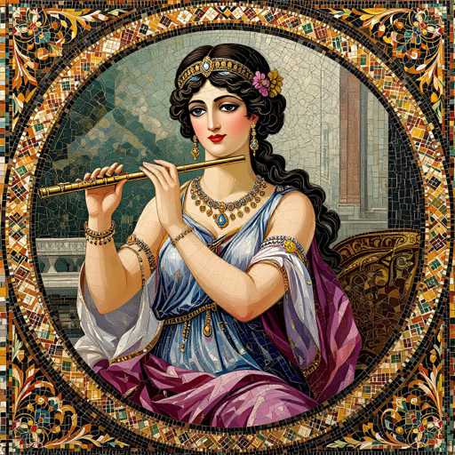 This image depicts a detailed mosaic artwork of a woman playing a flute. The mosaic is composed of numerous small, colorful tiles arranged in intricate patterns. The woman is seated on a chair, dressed in a light blue gown with a purple sash draped over her shoulders. She wears an elaborate headpiece adorned with flowers and jewels, and her long, dark hair is styled in a braid. Her attire is further embellished with multiple necklaces, bracelets, and a gold belt. The background features a mosaic wall with a grayish-blue hue, and the entire scene is framed by a circular mosaic border. The outermost edge of the border showcases a vibrant floral pattern in various colors, adding to the overall richness and complexity of the artwork.