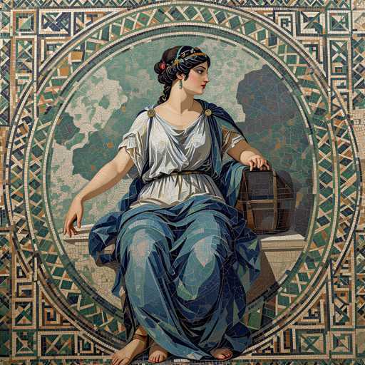 A woman is depicted sitting on a bench with her legs crossed and wearing a blue dress adorned with gold accents. She holds a brown purse over her shoulder. The background features a mosaic design in shades of green and white, creating an artistic and visually appealing scene.