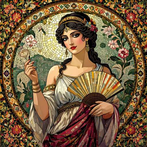 This image is a detailed painting of a woman from ancient times, possibly Greek or Roman, set within a circular frame. The woman, who has long, dark brown hair styled in a braid that drapes over her shoulder, is adorned with a gold headband and a smaller gold band across her forehead. She wears a white dress with a red sash around her waist and a gold belt. Her makeup includes red lipstick, and she has long, dangling earrings. In her left hand, she holds a colorful fan featuring shades of yellow, orange, red, and blue, while her right hand is raised, holding a stick or possibly a cigarette. She also wears a gold bracelet on her right wrist. The background is richly decorated with mosaic tiles in various colors, including green, yellow, and white, and is surrounded by a border of flowers in red, yellow, and green. The entire scene is encased in a circular frame, with the outer edge adorned with vibrant floral patterns.