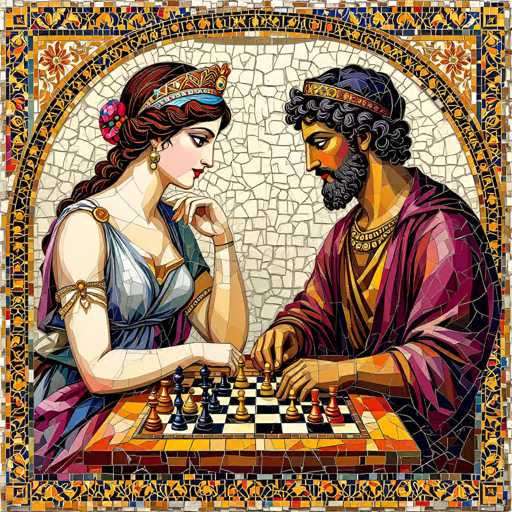 This image depicts a detailed mosaic artwork featuring a man and a woman engaged in a game of chess. The mosaic is composed of numerous small, colorful tiles that come together to form a cohesive and vibrant picture. The man, positioned on the right side of the image, has dark hair and a beard, and is dressed in a purple robe. He appears to be deeply focused on the chessboard in front of him. The woman, on the left side, has long brown hair adorned with a blue and gold headband, and she is wearing a blue dress. She is also intently gazing at the chessboard, suggesting a moment of strategic contemplation. The chessboard itself is black and white, with the pieces arranged in their starting positions, indicating the game is either about to begin or has just started. The intricate mosaic style and the rich colors used in the artwork add depth and texture to the scene, highlighting the concentration and engagement of both players.