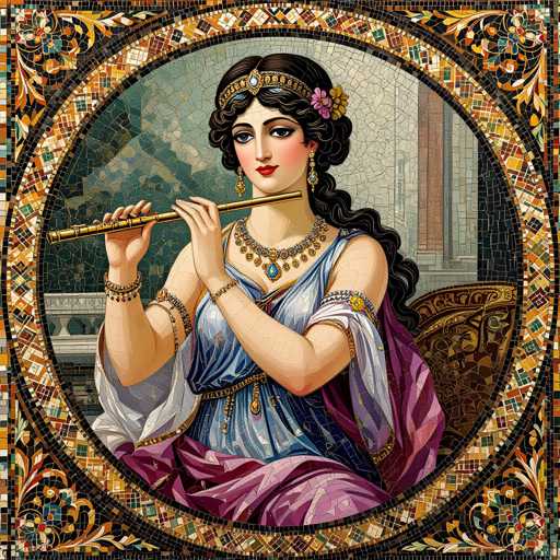 The image depicts a woman wearing a blue dress and gold jewelry playing a flute. The background features a mosaic design with a tree and building elements.