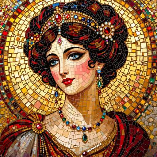 A detailed, vibrant mosaic portrait of a woman with a regal appearance. The artwork is created using small, colorful tiles to form the image of a woman with dark hair styled in an elaborate updo adorned with jewels. She has striking blue eyes, a delicate nose, and full lips painted with red lipstick. Her skin is fair, and she wears ornate jewelry including a multi-layered necklace and dangling earrings. The background of the mosaic is a golden, circular design with intricate patterns. The overall style is reminiscent of Art Nouveau or stained-glass art, emphasizing detail and a rich color palette.