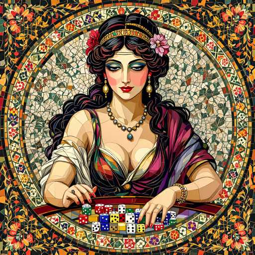 This vibrant and intricate illustration, reminiscent of a stained glass mosaic, features a captivating woman engrossed in a game of craps. The artwork is richly detailed with a kaleidoscope of colors and patterns, creating a visually stunning piece. The woman, with her long, curly black hair adorned with flowers, wears an ornate gold headband and a striking dress that combines shades of purple, red, and green. Her makeup is bold, with blue eyeshadow and red lipstick, complementing her elegant appearance. She accessorizes with a pearl necklace, dangling earrings, and bracelets on both wrists. Seated at a table, she focuses intently on the array of colorful dice in front of her, including red, yellow, blue, and white ones. The background is a mosaic of various shapes and colors, enhancing the overall complexity and beauty of the scene.