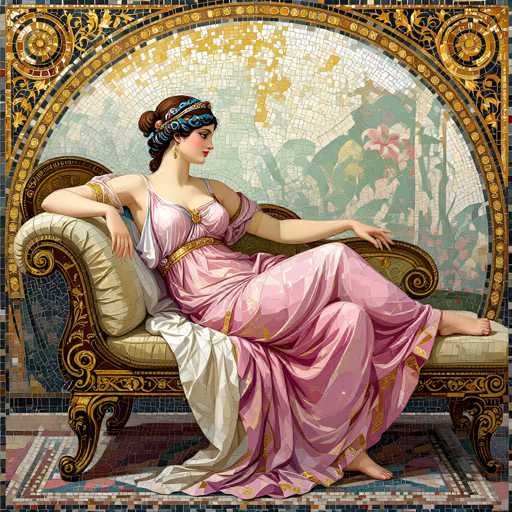 The image depicts a woman seated on an ornate, cushioned chair with a golden frame, set against a backdrop of intricate mosaic tiles. She is adorned in a flowing, pink dress with gold trim and a gold belt, her hair styled in a bun with a blue headband. The woman's gaze is directed to the right, and she wears a gold earring. Her left arm rests on the chair's armrest, while her right arm is draped over the back of the chair. The chair itself is positioned on a mosaic-tiled floor, and the background features a mosaic wall with a circular pattern. The overall scene exudes a sense of elegance and tranquility, reminiscent of a bygone era.