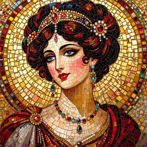 The image depicts a woman's face and upper body rendered in mosaic art style. The woman is wearing a red dress with gold accents and has her hair styled in an updo. She is adorned with a necklace featuring blue gemstones and earrings that are also blue. The background of the image features a circular pattern, which appears to be made up of small tiles or glass pieces arranged in a circular fashion.