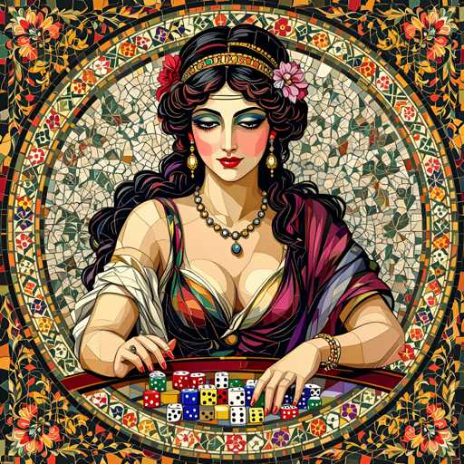 The image depicts a woman with long dark hair wearing a colorful dress and headpiece, holding a deck of playing cards and standing against a mosaic background featuring geometric shapes and patterns in shades of red, green, yellow, and blue.