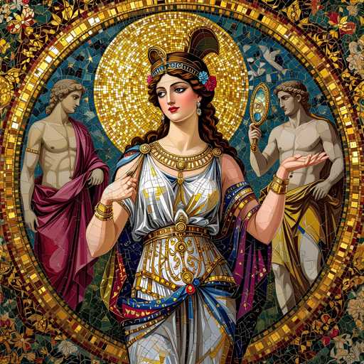 The image depicts an ancient Greek mosaic scene featuring a woman with long hair and a crown on her head, wearing a white dress adorned with gold accents. The background is a circular pattern of blue tiles, with two figures in red robes positioned at the center.