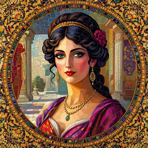 This image is a detailed, stained glass-style painting of a woman, possibly from the 1800s or earlier, with a distinctly Middle Eastern or Indian aesthetic. The woman has long, dark brown hair styled in an elaborate updo with a braid cascading down her back. She wears a gold headband adorned with a red flower on the right side of her head. Her striking green eyes are accentuated by heavy eye makeup, and she has full red lips. She is adorned with gold dangly earrings and two strands of pearls around her neck, with a turquoise pendant hanging from the lower strand. Her attire includes a purple shawl draped over her shoulders and a red and yellow dress with a white undergarment. The background features a blue sky, white stone columns, and a stone building, suggesting an outdoor courtyard setting. The entire image is framed by a circular stained glass border with intricate patterns in various colors, enhancing the overall artistic and historical feel of the piece.