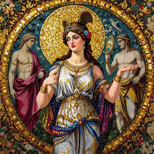 This image is a detailed, computer-generated depiction of an ancient Roman or Greek queen, possibly representing Venus or another deity. The queen stands at the center of the image, adorned in a white dress with intricate gold and blue accents. She wears an elaborate headdress, decorated with flowers and feathers, and a large, ornate necklace. Her long, curly brown hair cascades down her shoulders, and she has striking red lips and rosy cheeks. 

In her right hand, she holds a mirror, while her left hand is raised, palm up, as if in a gesture of offering or command. Surrounding her are two muscular male figures, each draped in colored cloths over one shoulder. The figure on the left wears a red cloth, while the one on the right is adorned with yellow. Both men gaze intently at the queen, adding to the sense of reverence and importance she commands.

The background is a mosaic of vibrant colors, featuring a prominent yellow circle behind the queen, symbolizing the sun. The entire scene is framed by a circular border composed of various colored squares, enhancing the image's ancient and regal aesthetic.