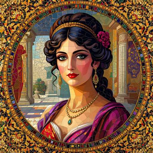 The image depicts a woman with long dark hair wearing a purple dress and gold earrings. She is positioned against a backdrop of a mosaic design featuring columns and arches rendered in shades of blue, green, red, yellow, and white. The woman's face is the central focus of the composition, which is framed by a circular border.